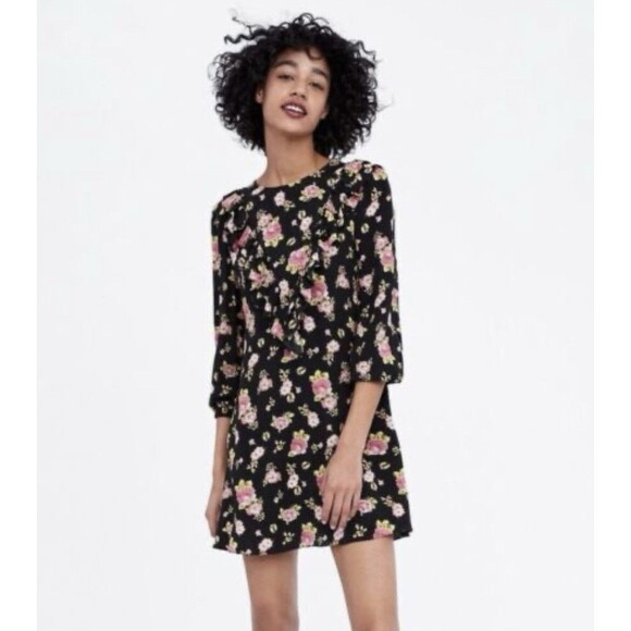ZARA The Sandy Dress Size S 3/4 Sleeve Floral Mini Ruffled Boho Cottage - Picture 1 of 11